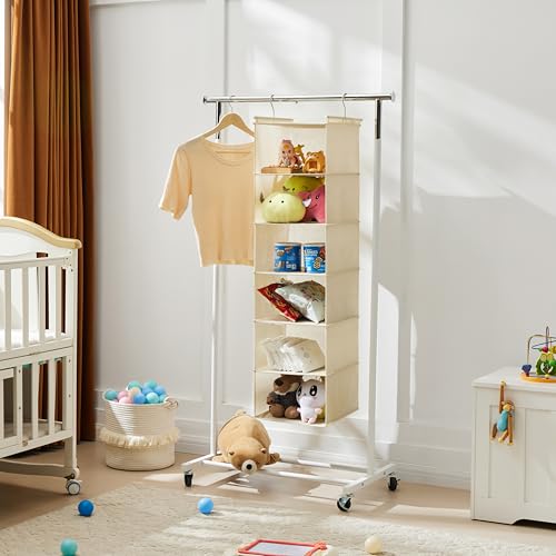 MAX Houser 6 Tier Shelf Hanging Closet Organizer, Cloth Hanging Shelf with 2 Sturdy Hooks for Storage, Foldable (Beige) - color: Beige