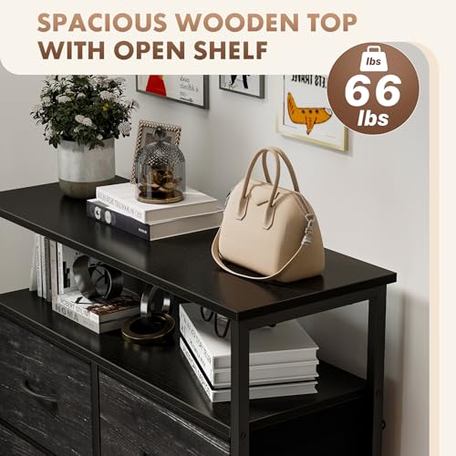 DUMOS Fabric Dresser for Bedroom with 8 Drawers, Tall 8-Drawer Chest of Drawers with Raised Shelf, Storage Tower with Fabric Bins for Closet Organization, Hallway Storage, Black Wood Grain Print - color: Black Wood Grain Print, size: 31.5"D x 45.9"W x 11.
