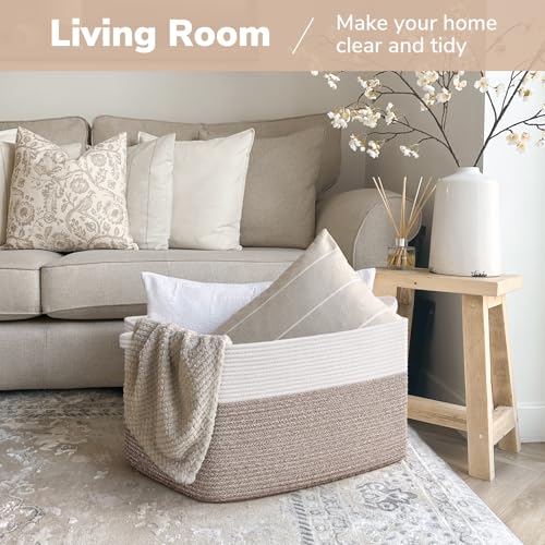 Goodpick Large Blanket Basket 22" x 17" x 12" Woven Storage Baskets for Organizing, Rectangle Baby Toy Storage Basket with Handles, Dirty Clothes Basket for Bedroom - color: Brown, size: 22"L x 17"W x 12"H