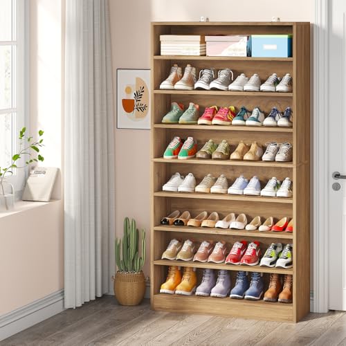 Tribesigns Tall Shoe Cabinet, 9 Tiers 40-45 Pairs Heavy Duty Wood Freestanding Shoe Storage Cabinet, 70.8'' Tall Shoe Cabinet with Open Storage for Entryway (1, Light Brown) - color: Light Brown