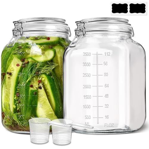 ComSaf 1 Gallon Square Glass Jars with Airtight Lids (135oz, Set of 2), Extra-Wide Mouth Canisters with Measurement Marks for Bulk Flour Storage, Fermenting Kombucha & Pickling - size: 1.1 Gal*2-Wide Mouth