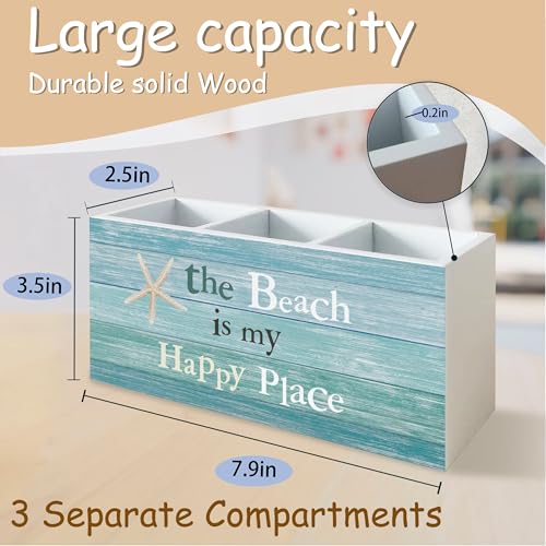 Beach Pen Holder for Home Office Kitchen Desk Decor, the Beach Is My Happy Place Wooden Pencil Holder Sign Organizer for Home Office Desk Accessories, Coastal Gifts for Women Men - color: turquoise