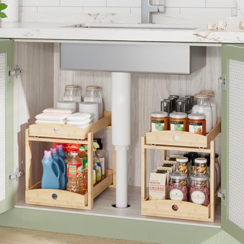 Bamboo Wood Under Sink Organizer 1 Pack, Pull Out Cabinet Organizer 2 Tier Under Sink Organizers and Storage with Sliding Drawer Sturdy Easy Assembly for Kitchen Bathroom Undersink (Nature, 2 Packs) - color: Nature