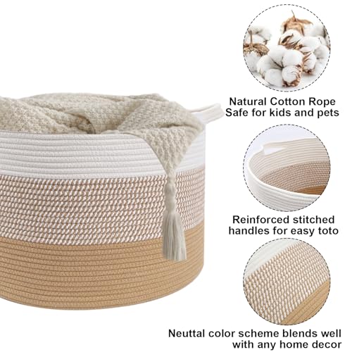 115L Large Blanket Basket,23.6"L x 23.6"W x 15.7"H Rope Woven Baskets with Handles, Toys Storage Bins,Laundry Basket Perfect for Living Room, Nursery,Bedroom,Home Organization,Yellow - color: Yellow, size: 23.6"L x 23.6"W x 15.7"H(115L)