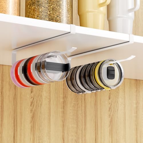 Quehun 2 PCS Tumbler Lid Organizers, Ample Lid Capacity Up to 30 Lids, No Adhesive No Drill Yeti Lid Organizer Holder Inside Cabinet, Space-Saving Stanley Tumbler Cup Lid Holder Organizer for Kitchen - color: White