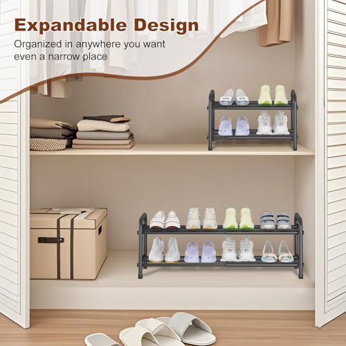 KANAV 2-Tier Expandable Shoe Rack, Adjustable Shoe Organizer & Storage for Closet, Small Space Saving Shoe Rack for Entryway, Bedroom, or Office – Sturdy & Durable Design - color: Black, size: 2-Tiers