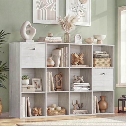 12 Cube Storage Organizer, White Bookshelf with 2 Fabric Drawers, Bookcase with Open Shelf, Cuby Organizer for Bedroom Living Room Library Office, Freestanding Storage Shelf, Cubicle Display Rack - color: Washed White, size: 12 Cube