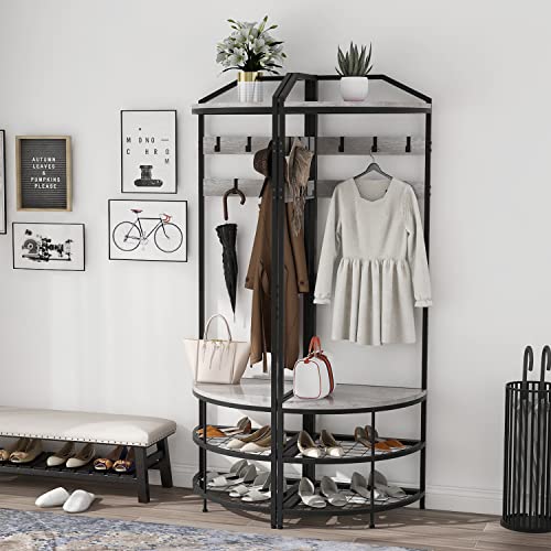 GiftGo Grey Corner Hall Tree with Shoe Bench Entryway Coat Rack with 10 Metal Movable Hooks Rustic Farmhouse Floorstanding Clothes Rack Shoes Shelf Organizer for Home Office Bedroom (Greige) - color: Greige