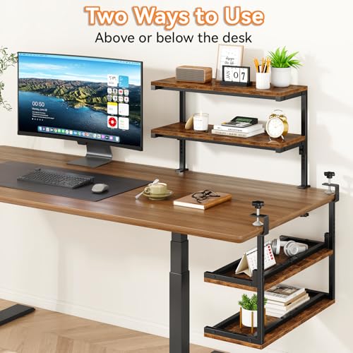 IBUYKE Clamp on Desk Shelf, 22.8” Large Desk Extender Shelves,Tool-Free Flexible Repositioning and Adjustable 2-Tier Storage Shelves for Desktop Accessories Below Desk TMZ010H - color: Brown
