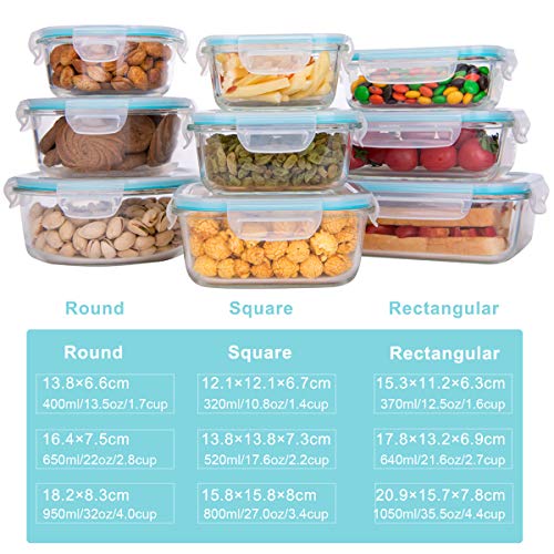 AILTEC Glass Food Storage Containers with Lids, [18 Piece] Glass Meal Prep Containers, Containers for Food Storage with Lids, BPA Free & Leak Proof (9 Lid & 9 Container) - color: clear