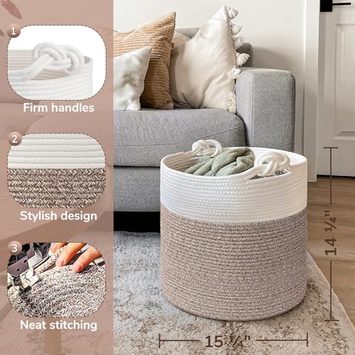 Goodpick Woven Laundry Basket, 15 x 14.2 Inches Cotton Rope Basket for Blankets, Soft Blanket Storage Baskets with Handles for Living Room, Woven Toy Storage Organizer for Nursery, Brown - color: Brown, size: 15 × 14.2 inches