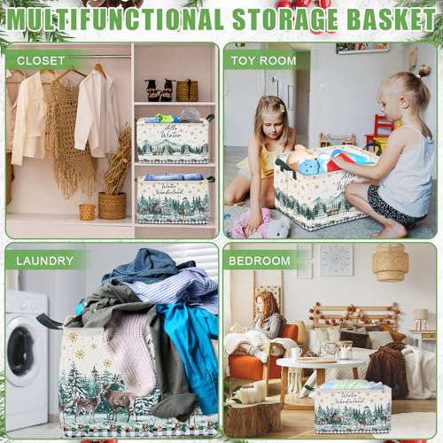 Geelin 3 Pcs Christmas Winter Baskets Wonderland Storage Basket for Gifts Collapsible Waterproof Canvas Xmas Reindeer Storage Bin Organizer with Handles for Book Closet Shelf Nursery Decor - style: Christmas Winter