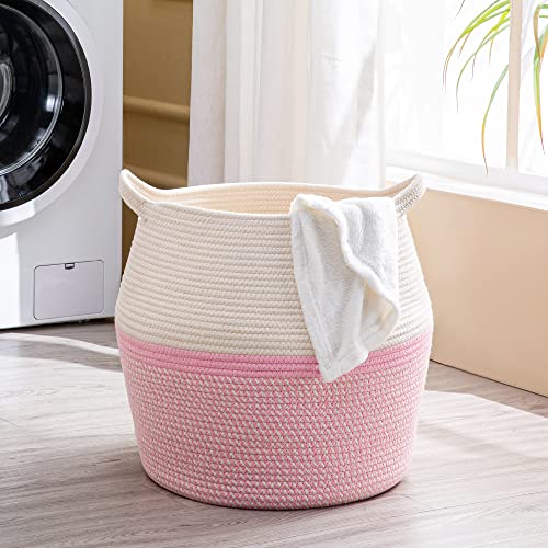 KAKAMAY Woven Baskets for Storage(17"x17"),Large Cotton Rope Woven Baby Laundry Hamper,Collapsible Laundry Basket, Blanket Basket for Organizing Living Room,Nursery,Pillows,Toy Chest(Pink) - color: Pink