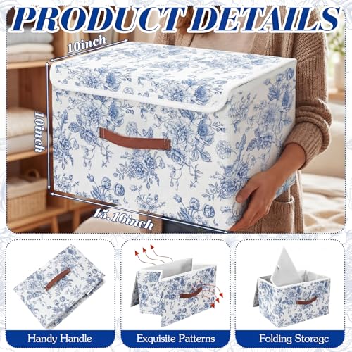 2 Pack Blue Floral Storage Bin with Lids Handles Large Blue and White Porcelain Storage Boxes 15x10x10 Inch Foldable Fabric Basket Decorative Cube Organizer for Clothes Nursery Home Dorm - size: 15 x 10 x 8 inches