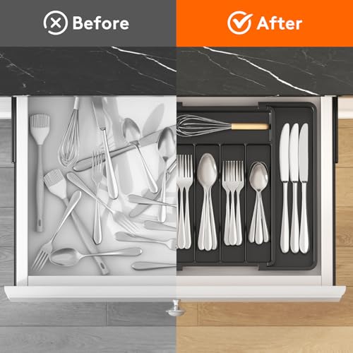 Lifewit Expandable Silverware Organizer, Plastic Utensil Tray for Kitchen Drawer, BPA Free Flatware Cutlery Holder, Space-Saving Storage for Spoons Forks Knives, 8.5-14 x 12 x 1.5 inch, Black - color: Black, size: Medium (8.5-14''W x 12''D)