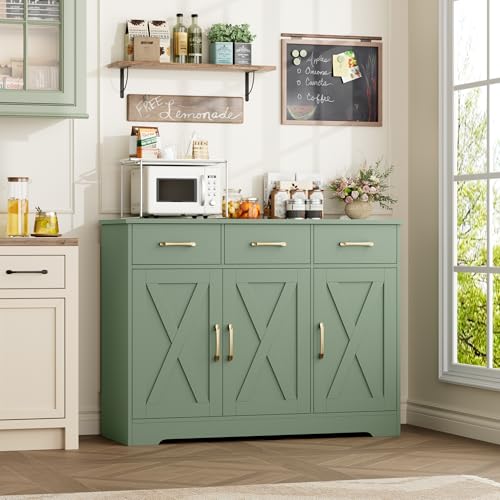 HOSTACK Modern Farmhouse Buffet Sideboard Cabinet, Barn Doors Storage Cabinet with Drawers and Shelves, Wood Coffee Bar with Storage for Dining Room, Kitchen, Living Room, Green - color: Green