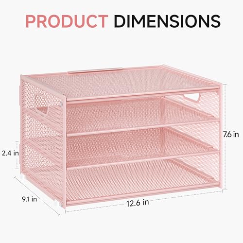 Lavatino 3-Tier Letter Tray Desk Organizer, Mesh Metal Paper File Tray Organizer for Desk, Office Supplies & Home Organization, Fits A4 Paper, Mail, Magazines & Office Accessories (Pink with Handle) - color: 4-tier With Handle - Pink