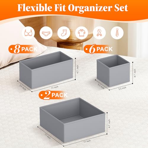 TasticTotes Drawer Organizer Clothes, 16 Pack Drawer Organizers and Underwear Organizer for Nursery, Dividers Clothes Organizer, Closet Organization and Foldable Storage Bins for Socks, Bra, Tie, Grey - color: Grey