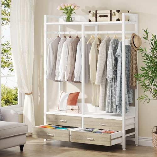 Tribesigns Freestanding Closet Organizer for Hanging Clothes, Heavy Duty Garment Rack with 4 Drawers, 8 Hooks and Storage Shelves, Wardrobe Closet Clothing Rack for Bedroom, Living Room, White Walnut - color: White Walnut