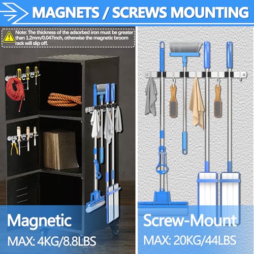 3-H Magnetic Broom Holder Wall Mount 1 Pack, 2-in-1 Dual Mount (No Drill or Screw Fix), 304 Stainless Steel Heavy Duty Magnet Mop Broom Organizer for Kitchen Garden Garage(4 Racks & 5 Hooks,Silver) - color: Silver, size: 1pc & 4R5H