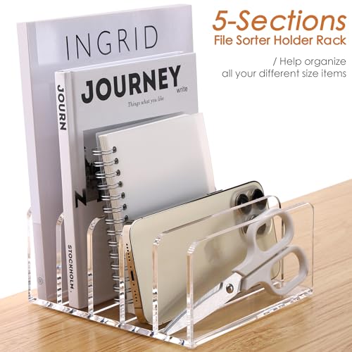 SANRUI Acrylic Desk Organizer, 5 Compartments Mail Organizer,Small File Holders Letter Organizer,Clear Office Organization,Multifunction Sorter Envelope Rack for Office,Home, School - style: 5 Sections