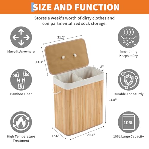 Bamboo Laundry Hamper Large 106L with Removable 4-Section Liner, Foldable Storage Basket with Lid and Handles for Bedroom, Laundry Room, Small Spaces – Natural - Rectangle - color: Natural - Rectangle