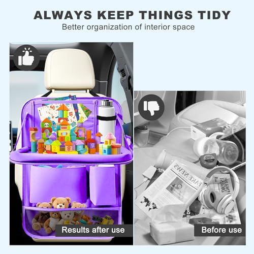 2Pack Car Backseat Organizer with Foldable Table Tray,6 Storage Pockets Car Storage Organizer with Tablet Holder,Car Seat Back Protectors Kick Mats Travel Accessories (Purple) - color: Purple, size: 2 Pack with Food Tray