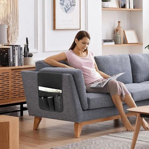 RETON Sofa Armrest Organizer with 5 Pockets, Non Slip Remote Control Caddy with 8 Pieces of Hook and Loop Fasteners, Armchair Caddy Holder Storage for Magazine Recliner Book TV Phone (Black) - color: Black