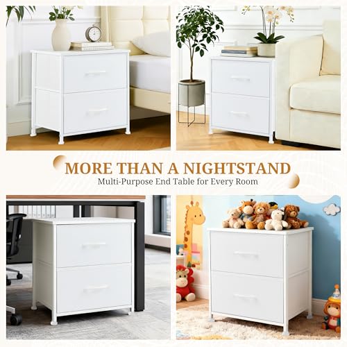 Nightstand, 2 Drawer Dresser Bedside Storage Furniture, Small Dresser with 2 Drawers, End Table with Fabric for Bedroom, Closet, Entryway, College Dorm, White