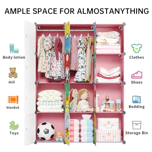 MAGINELS Children Wardrobe Kid Dresser Cute Baby Portable Closet Bedroom Armoire Clothes Hanging Storage Rack Cube Organizer,(Pink, 8 Cube & 2 Rod) - color: Pink, size: 12 Cube