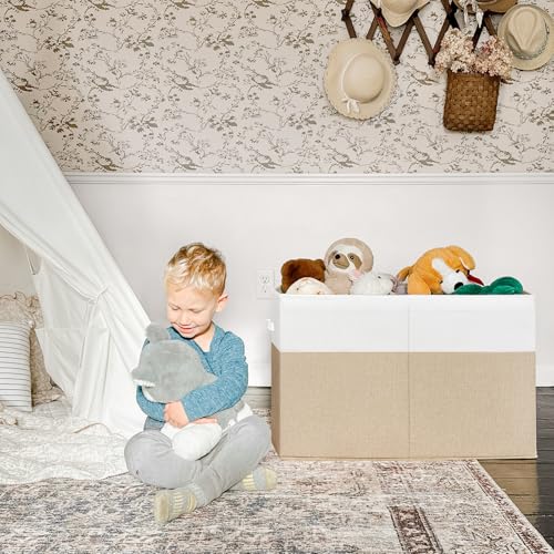 INDRESSME 26"x17"x17" Large Toy Box, Toy Storage Organizer Collapsible Storage Bins with Lids Toy Chest for Nursery, Playroom, Living Room, Toy Baskets Storage Kids, Boys Girls (Beige & White) - color: Beige & White, size: 26"x17"x17"