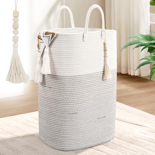 Woven Laundry Basket for Clothes, 50 L Large Rectangle Laundry Hampers with Beads Tassel, Nursery Storage Basket for Toys, Tall Dirty Clothes Hamper for Bedroom Aesthetic, Laundry Room Organization - color: White, size: 50L