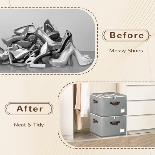 Shoe Organizer for Closet, 2 Pack Large Shoe Box Storage Containers,Shoe Storage Bins Fits 12-16 Pairs，Space Saving Shoe Organizers Bins with Clear Lids and Handles,Grey - color: Grey