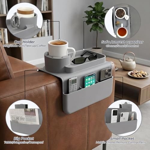 Silicone Couch Cup Holder Tray, 3-Side Sofa Armrest Organizer with Secure Gear-Shaped Locking Holder & Large Tablet Slot, Non-Slip Weighted Armchair Caddy, Couch Accessories (Grey) - color: Grey