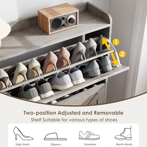 Nicetree Shoe Storage Cabinet with 2 Flip Drawers, Freestanding Shoe Organizer, Shoe Cabinet with Metal Legs, Narrow Shoe Rack Cabinet, Farmhouse Slim Shoe Cabinet for Entryway, Hallway, Rustic Gray - color: Grey, style: 2-Drawers