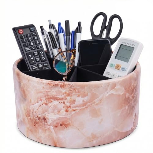 Remote Control Holder, 360°Spinning PU Leather Desk TV Remote Caddy,Desk Storage Box Room Accessories for Controller, Media,Mail,Calculator, Mobile Phone,Pencil(1-Big Marble Pink) - color: 1-Big Marble Pink