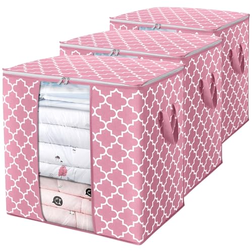 WISELIFE Storage Bags 3 Pack/100L Large Blanket Clothes Organization and Storage Containers for Comforters,Bedding, Foldable Organizer with Reinforced Handle, Clear Window, Sturdy Zippers,Pink - color: Pink, size: 3 x 100L