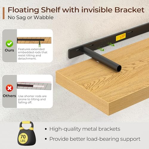 Fun Memories Floating Shelves for Wall 36 Inch Set of 3, Farmhouse Floating Shelves with Invisible Heavy Duty Bracket, 10 Inch Deep Bathroom Shelves for Storage, Living Room, Kitchen, Decor, Oak - color: Oak, size: 36"W x 10"D - 3P