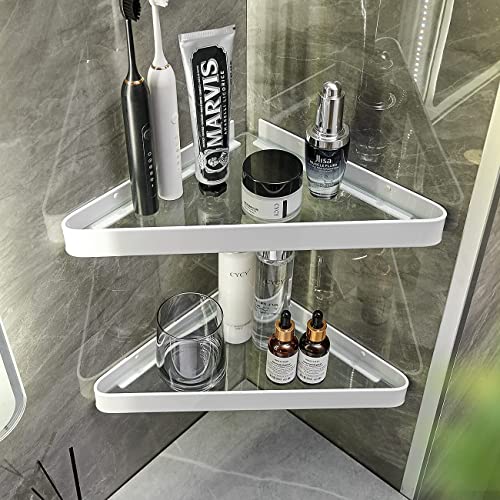 VOLPONE Bathroom Shelves Wall Mounted Glass Corner Shelf for Bathroom Floating Shelf Tempered Glass Wall Organizer 2-Tier(White) - color: White(triangular)