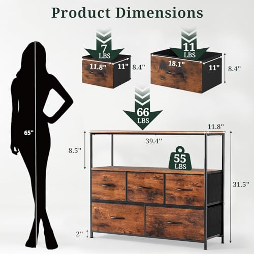 TV Stand, 5 Fabric Drawers Dresser Entertainment Center for TV up to 45 inch Wooden Media Console Table Storage Organizer with Open Shelf, for Living Room, Bedroom, or Small Space, Brown - color: Brown, size: 5 Drawers