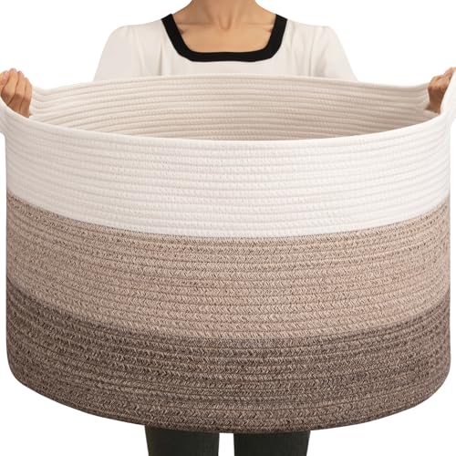 OIAHOMY 90L Blanket Basket for Living Room, Large Basket 23" x 23" x 13" with Handle, Laundry Hamper for Blankets, Pillows, Toy Storage for Kids, Dogs - Gradient Brown - color: Gradient Brown, size: 23" x 23" x 13"