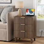 Lulive Wood Nightstand Set of 2 with Charging Station, 3 Drawers Fluted Design, Modern End Table for Bedroom Walnut - color: Walnut, size: 3 Drawers-Set of 2 Nightstand
