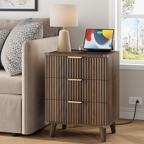 Lulive Wood Nightstand Set of 2 with Charging Station, 3 Drawers Fluted Design, Modern End Table for Bedroom Walnut - color: Walnut, size: 3 Drawers-Set of 2 Nightstand