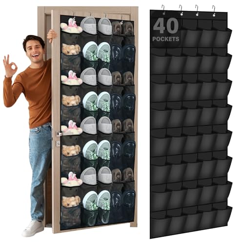 Windyun 40 Over the Door Shoe Organizer Large Breathable Mesh Pockets Hanging Shoe Rack for Closet Black Behind Door Hanger Storage Holder Nonslip Hooks for Women Men Entryway Bedroom Utility Room - color: Black