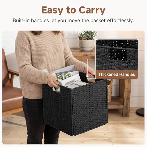 StorageWorks 13 inch Wicker Storage Baskets, Handwoven Wicker Basket for Organizing, Foldable Square Storage Cubes, Black, Paper Rope, 2 Pack - color: Black, size: 13"L x 13"W x 13"H