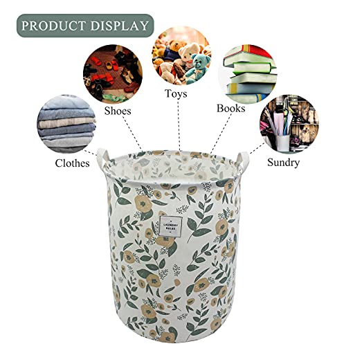 Mziart Collapsible Laundry Basket, Floral Printing Large Laundry Hamper for Baby Girls Kids Toys Clothes Organizer Foldable Storage Bin Waterproof Canvas Nursery Storage Basket with Handles (Green) - color: Green
