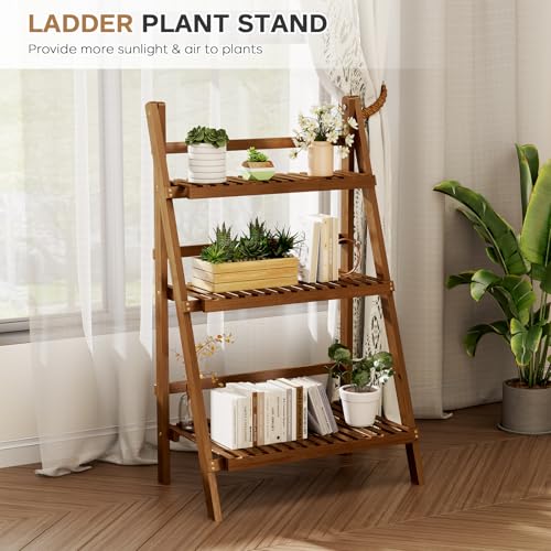 39.4" Bamboo Ladder Shelf Plant Shelf, 3 Tier Foldable Ladder Flower Pot Display Shelf Rack, 23.6"W x 15"D x 39.4"H, Freestanding Bookshelf for Garden, Balcony, Yard, Patio, Lawn, Living Room, Walnut - color: 3-tier Walnut