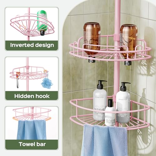 HAMITOR Corner Shower Caddy Tension Pole: 4-Tier Rust-Resistant Adjustable Bathroom Organizer Shelves - 47-121 Inch No-Drill Quick Installation - Space-Saving Storage for Renters Family - Pink - color: Pink