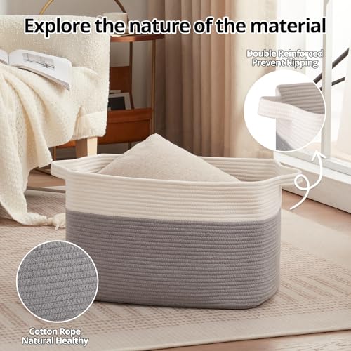 OIAHOMY Large Blanket Basket, 65L Cotton Rope Woven Laundry Basket, Toy Bin for Baby Room, Container for Blanket Storage in Living Room, 20''×16''×12'', Grey & White - color: Grey & White, size: 65L