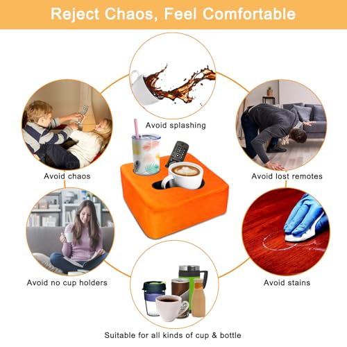3 Hole Couch Bed Cup Holder Pillow, Keep Drinks Hand Side and KeepTemp, Prevent Spills, Use Anywhere - for Bed, Camping, RV, Car, Beach. Orange - color: Orange, size: 9.4" x 9.4" x 3.9"